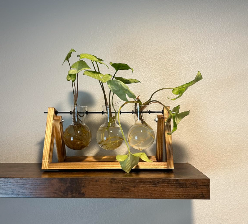 Plant Terrarium with Wooden Stand, Air Planter Bulb Glass Vase Metal Swivel Holder Retro Tabletop for Hydroponics Home Garden Office Decoration - 3 Bulb Vase