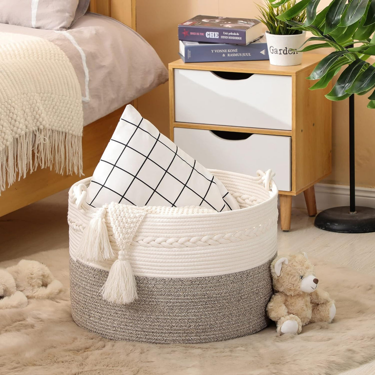 Large Blanket Basket (20"x13"),Woven Baskets for storage Baby Laundry Hamper, Cotton Rope Blanket Basket for Living Room, Laundry, Nursery, Pillows, Baby Toy chest (White/Beige)