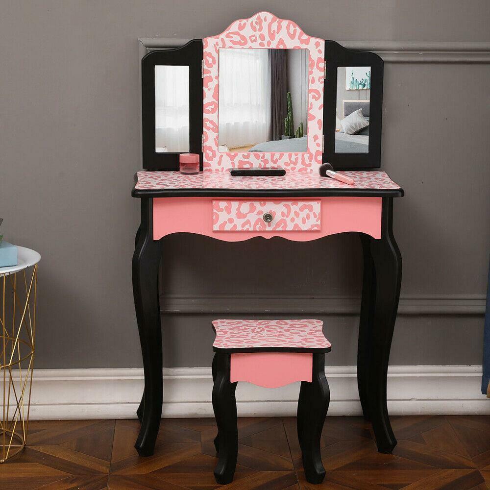 Kids Vanity Table Set Makeup Dressing Table Gifts For Girls Stool Mirror Pink