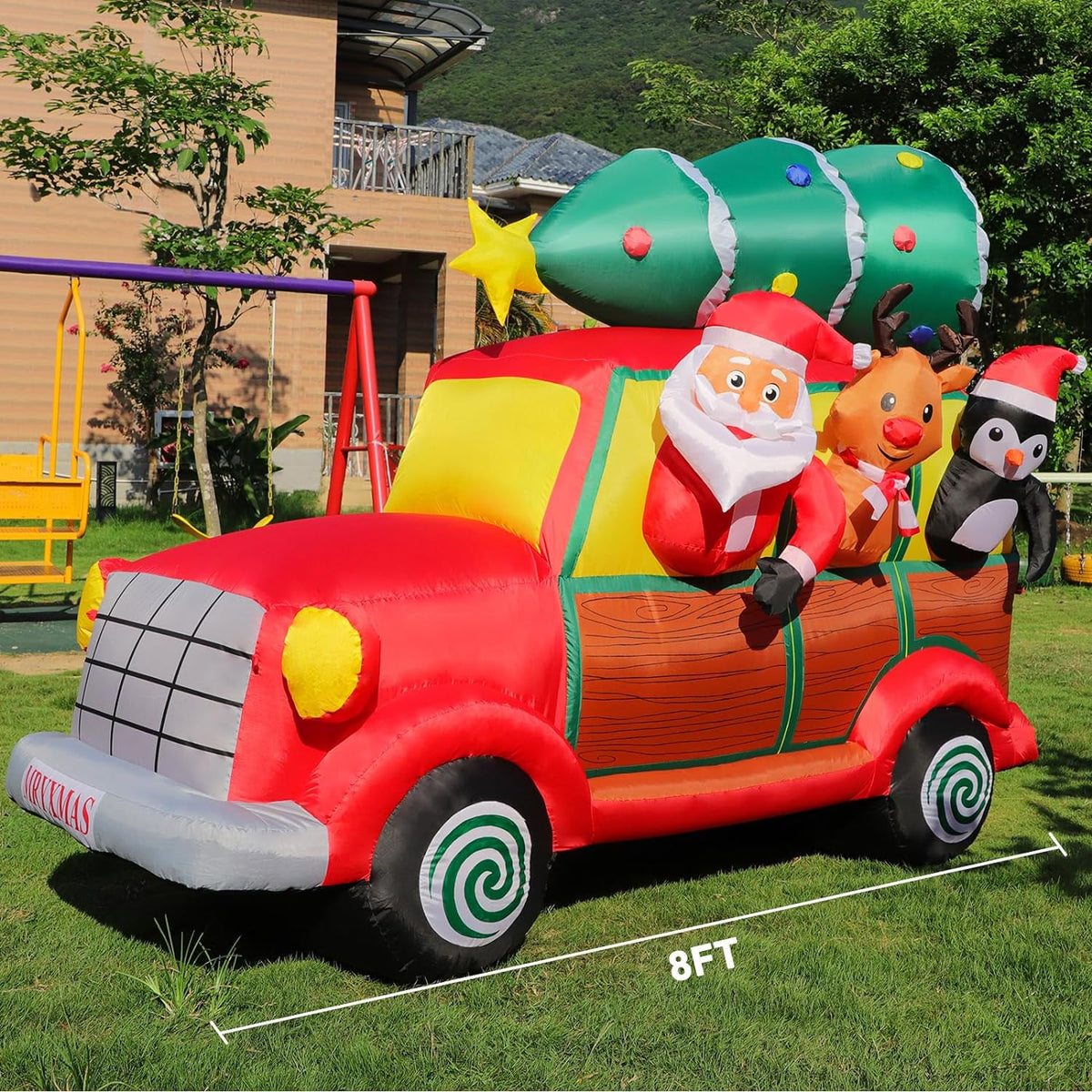 8 FT Christmas Inflatable Car with Santa Claus, Christmas Tree, Elk, Penguin, Blow Up Outdoor Decoration with Built-in Lights, Lovely Xmas Van for Holiday Yard Lawn Garden Display Party Festival Decor