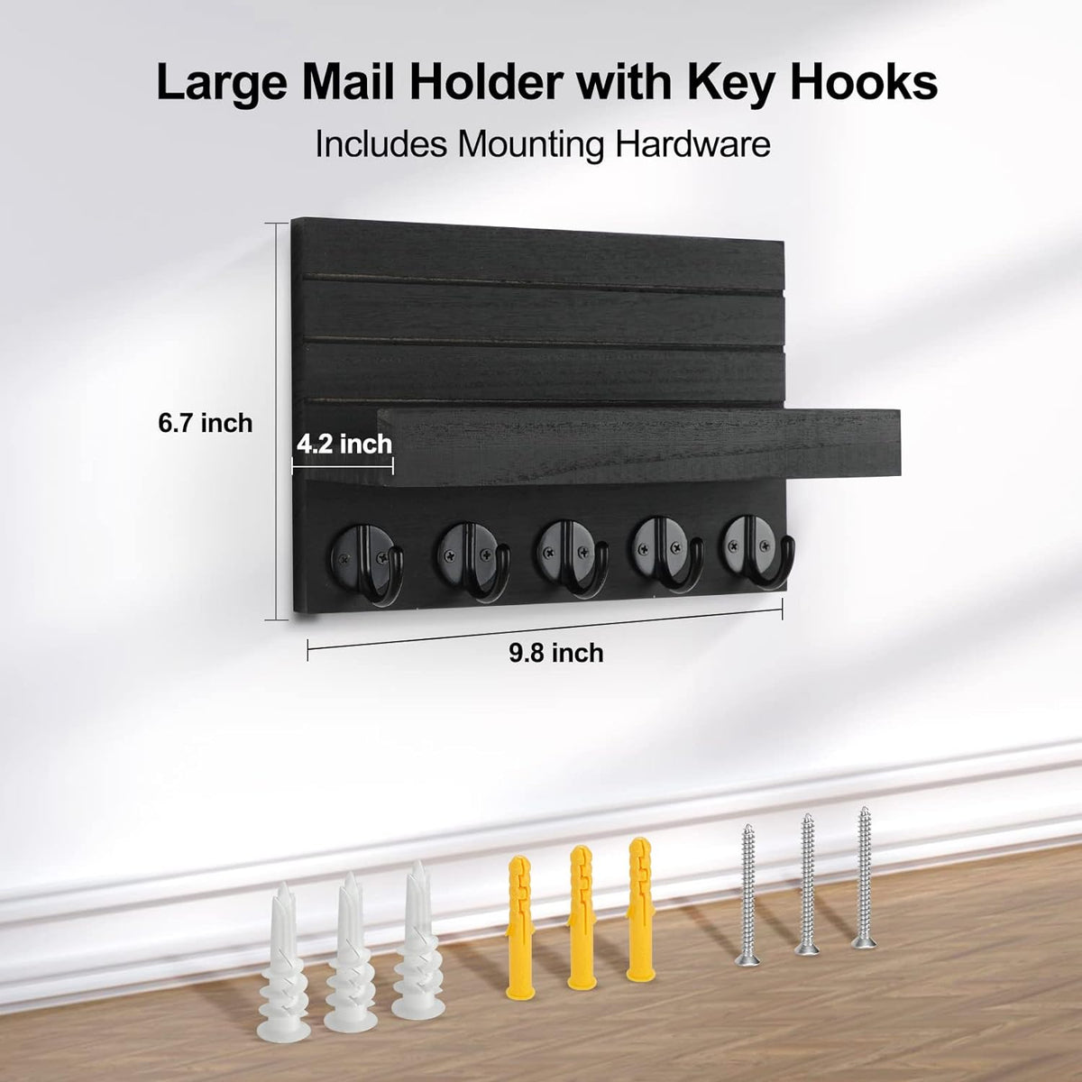 Key Holder for Wall, Decorative Key and Mail Holder with Shelf Has Large Hooks for Bags, Coats, Umbrella – Paulownia Wood Key Hanger with Mounting Hardware (9.8”W x 6.7”H x 4.2”D)