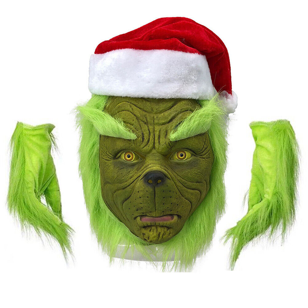 Christmas Cosplay The Grinch Full Head Latex Mask Hat Monster Adult Costume Xmas