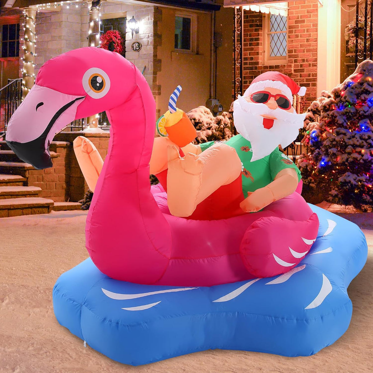 8 FT Hawaiian Santa on Flamingo Pool Float Christmas Inflatables Outdoor Decorations, Christmas Blow Up Santa Claus Yard Decorations for Garden Lawn Xmas Decor