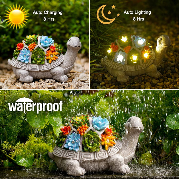 Solar Garden Outdoor Statues Turtle with Succulent and 7 LED Lights - Lawn Decor Tortoise Statue for Patio, Balcony, Yard Ornament - Unique Housewarming Gifts