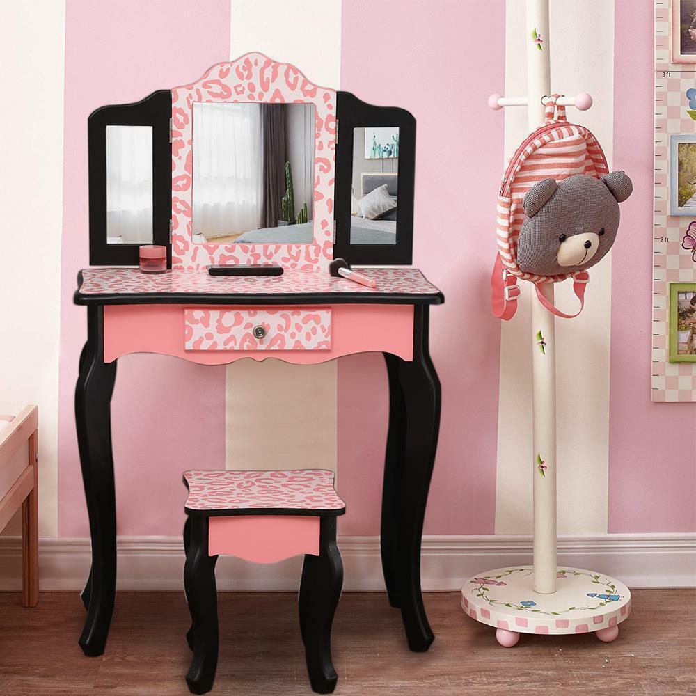 Kids Vanity Table Set Makeup Dressing Table Gifts For Girls Stool Mirror Pink