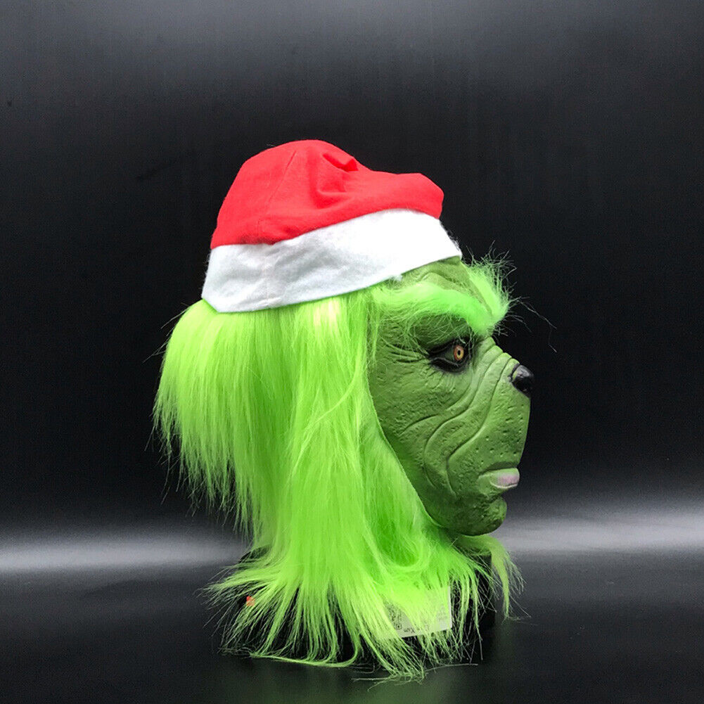 Christmas Cosplay The Grinch Full Head Latex Mask Hat Monster Adult Costume Xmas