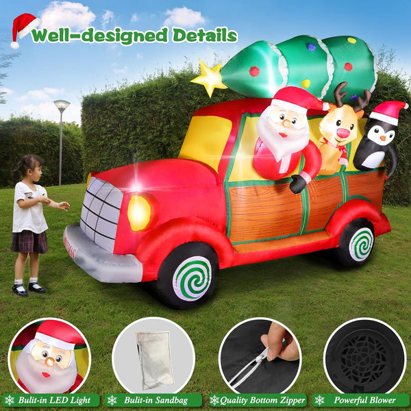 8 FT Christmas Inflatable Car with Santa Claus, Christmas Tree, Elk, Penguin, Blow Up Outdoor Decoration with Built-in Lights, Lovely Xmas Van for Holiday Yard Lawn Garden Display Party Festival Decor