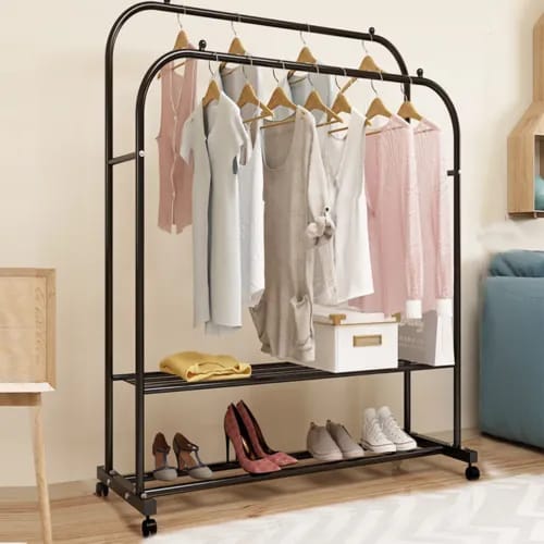 Metal Clothes Rack Hanging Garment Rack Shelf Closet Organizer w/ Movable Wheels