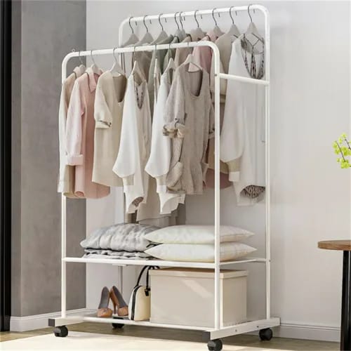 Metal Clothes Rack Hanging Garment Rack Shelf Closet Organizer w/ Movable Wheels